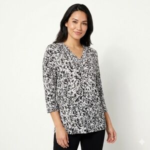 TALBOTS‎ Petites M Black White Rose Print V Neck 3/4 Sleeve Top Classic Coastal